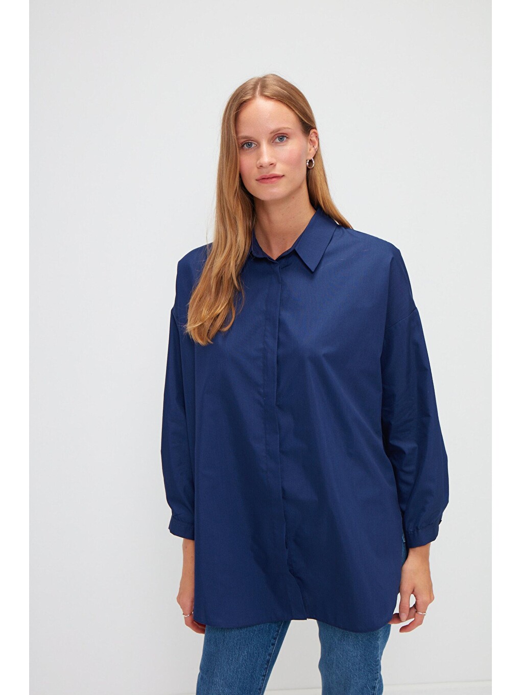 Lacivert Düz Uzun Kollu Oversize Poplin Gömlek-4