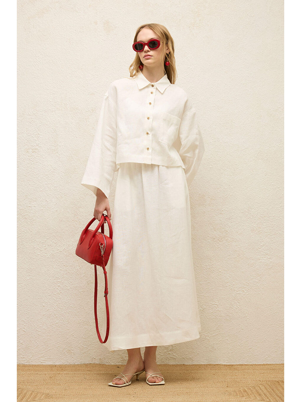 Keten Uzun Kol Crop Gömlek Ekru-4