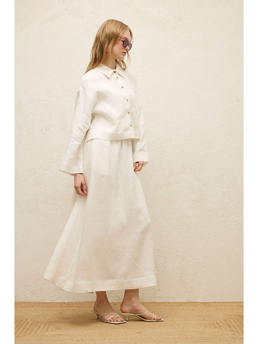 Keten Uzun Kol Crop Gömlek Ekru-5