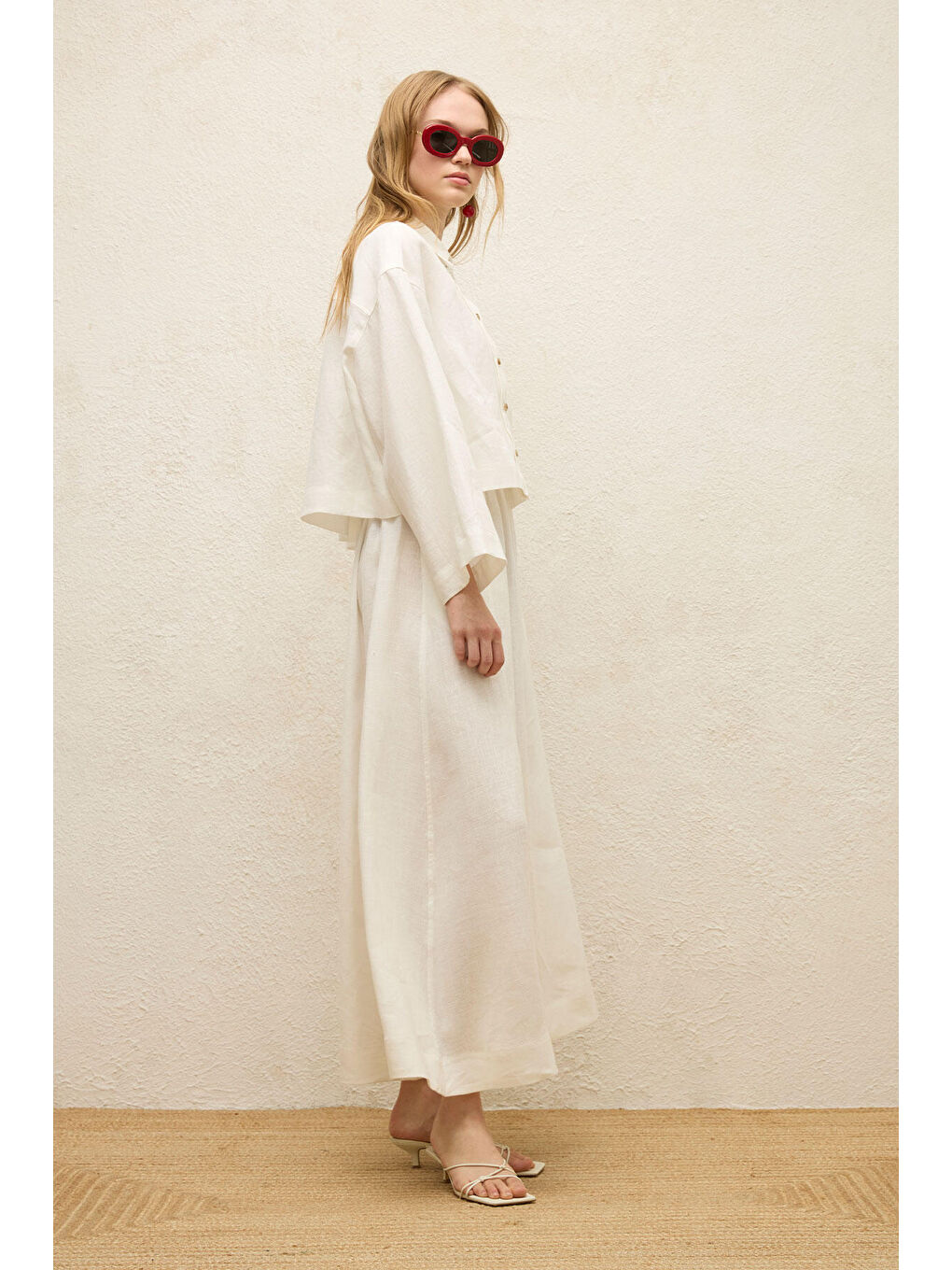 Keten Uzun Kol Crop Gömlek Ekru-6