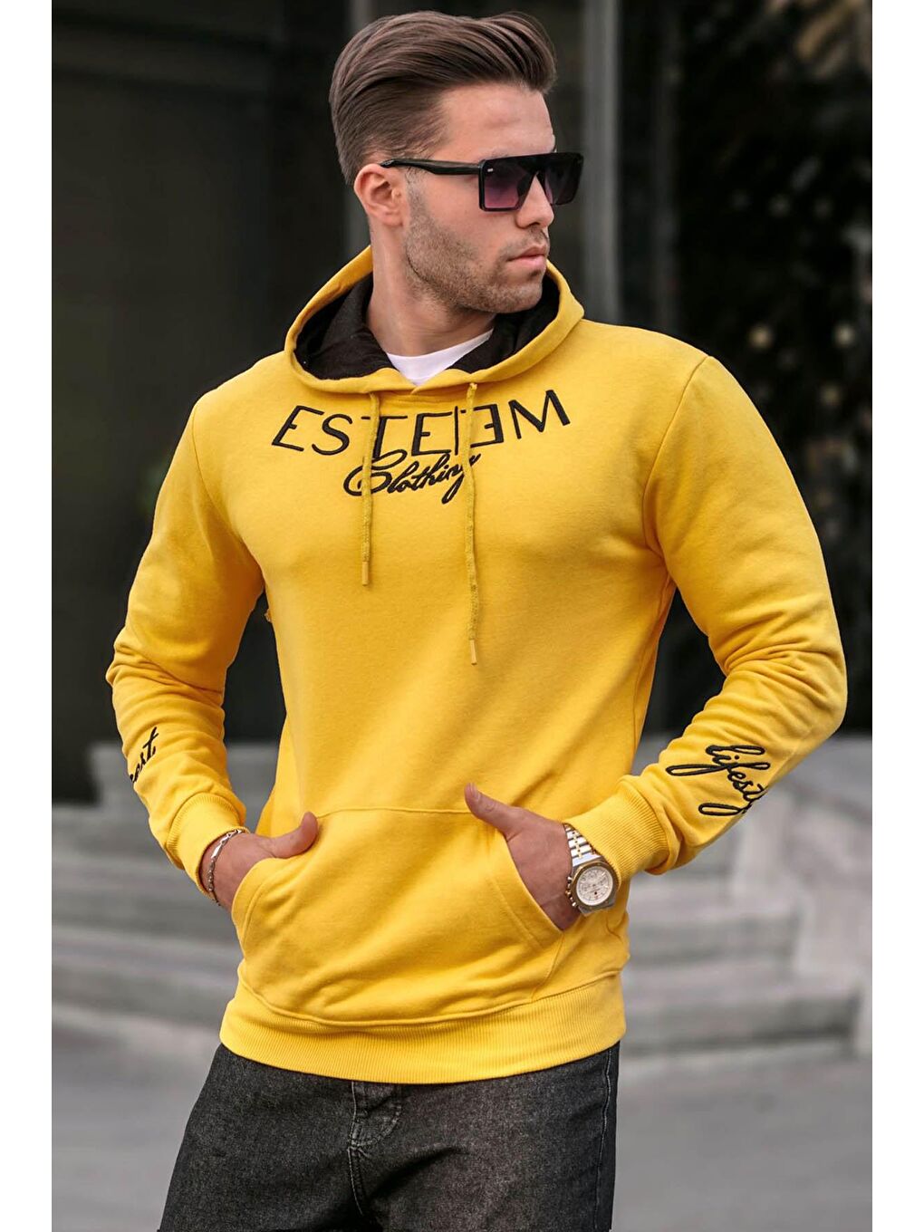 Madmext Sarı Baskılı Sarı kapüşonlu Sweatshirt 4402