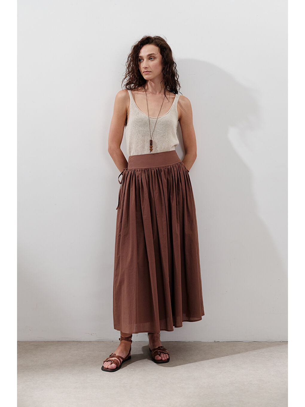 Kahverengi Bağlama Detaylı Geniş Etek Sıcak Kahve-1