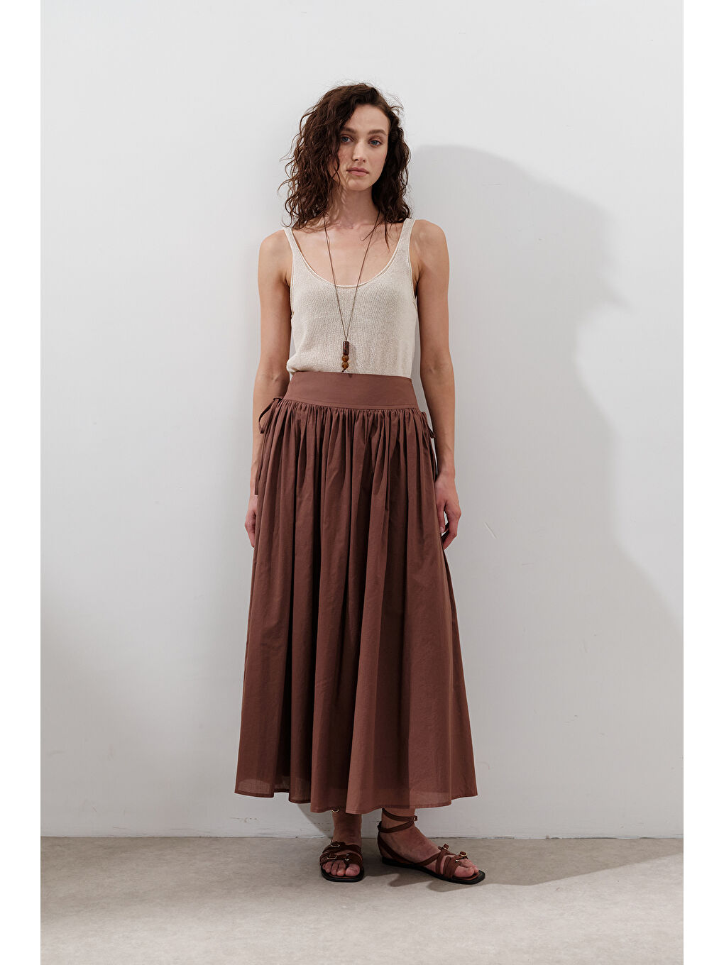 Kahverengi Bağlama Detaylı Geniş Etek Sıcak Kahve-2