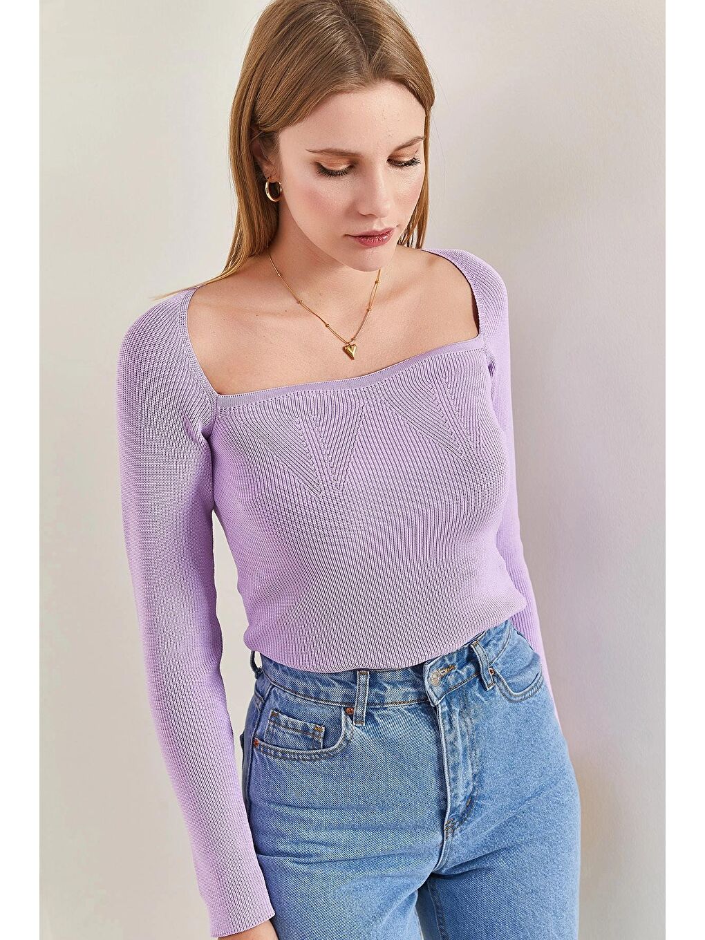 Lila Kadın Kare Yaka Triko Kazak