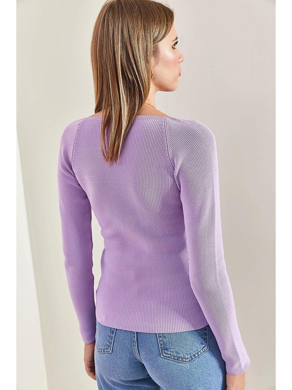 Lila Kadın Kare Yaka Triko Kazak-4