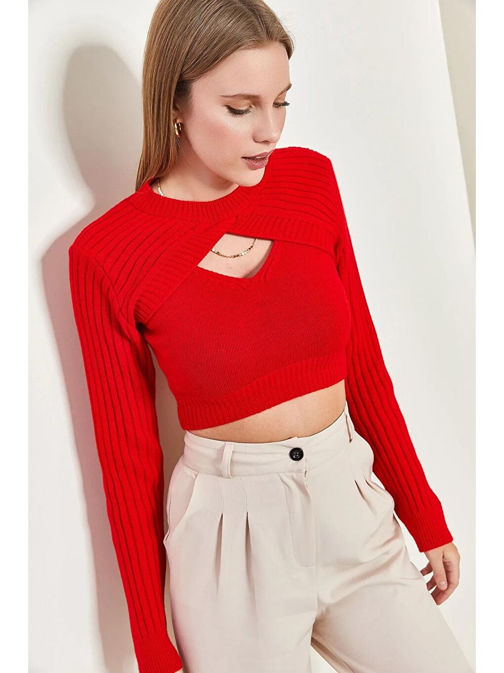 Kırmızı Kadın Triko Atlet Crop Takım