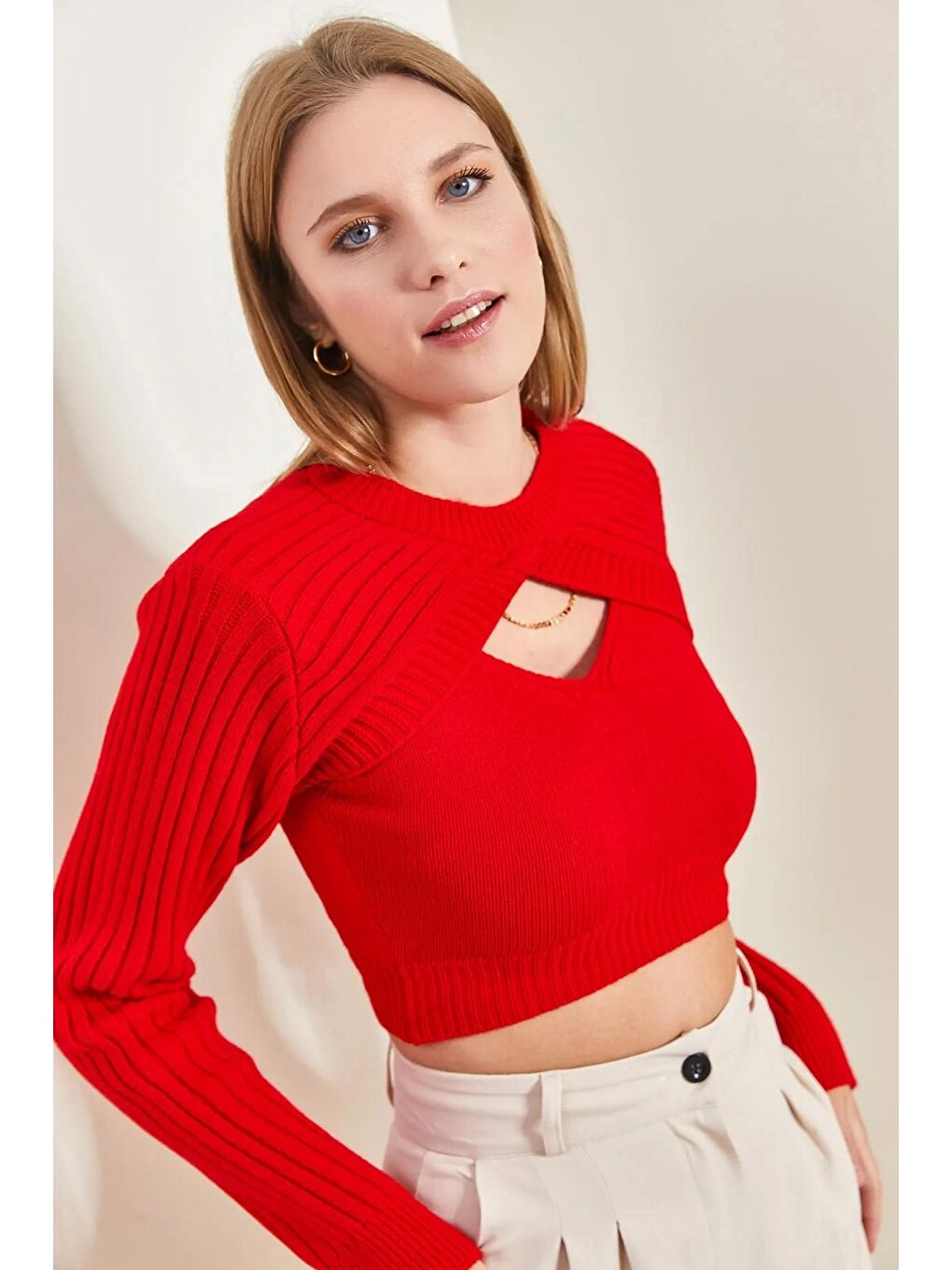 Kırmızı Kadın Triko Atlet Crop Takım-1