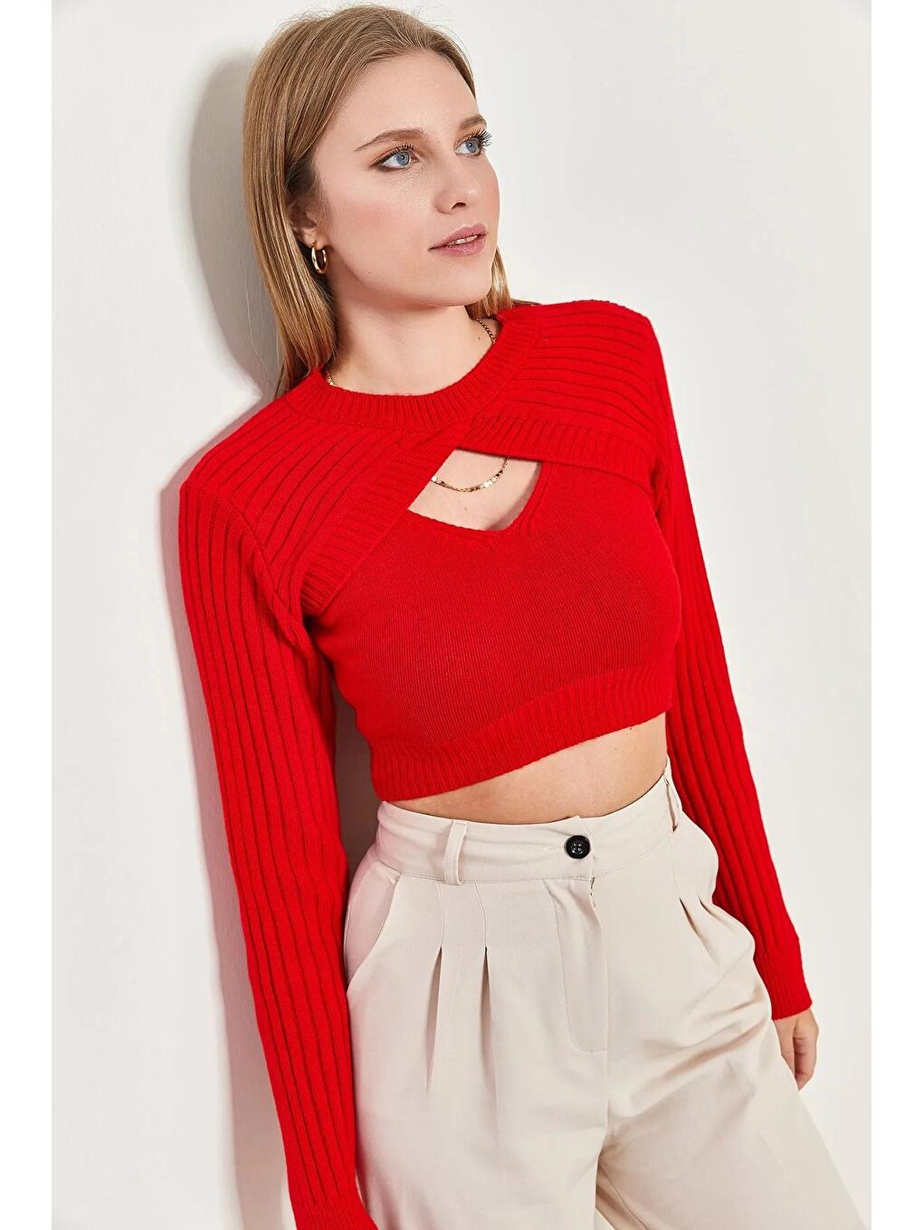 Kırmızı Kadın Triko Atlet Crop Takım-3