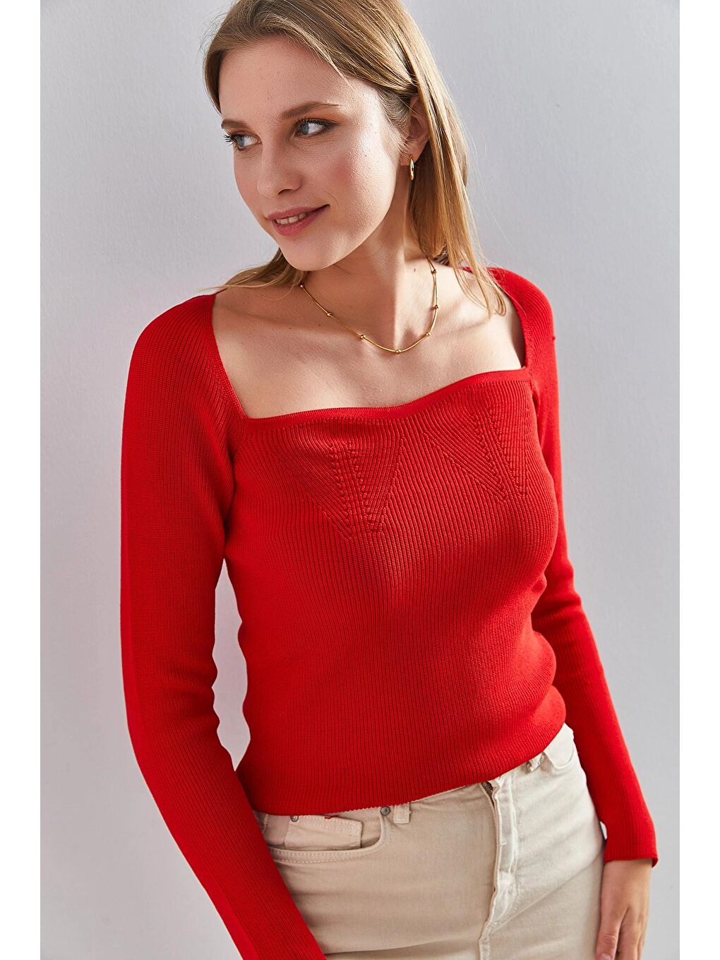 Kırmızı Kadın Kare Yaka Triko Kazak-2