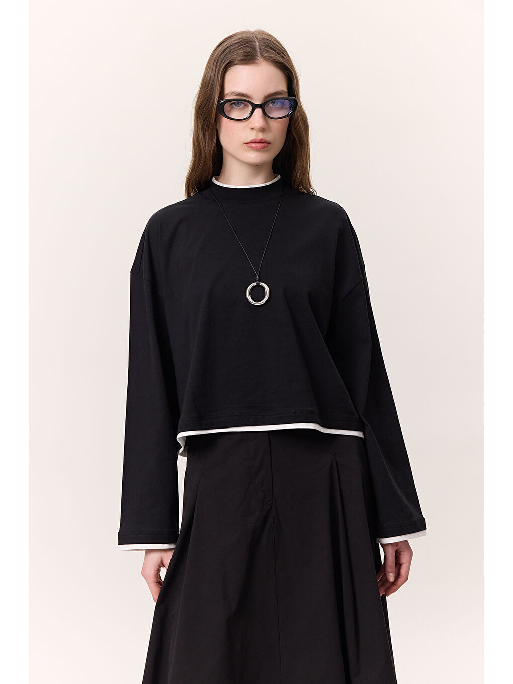 Kontrast Renkli Uzun Kollu Tshırt Siyah-4