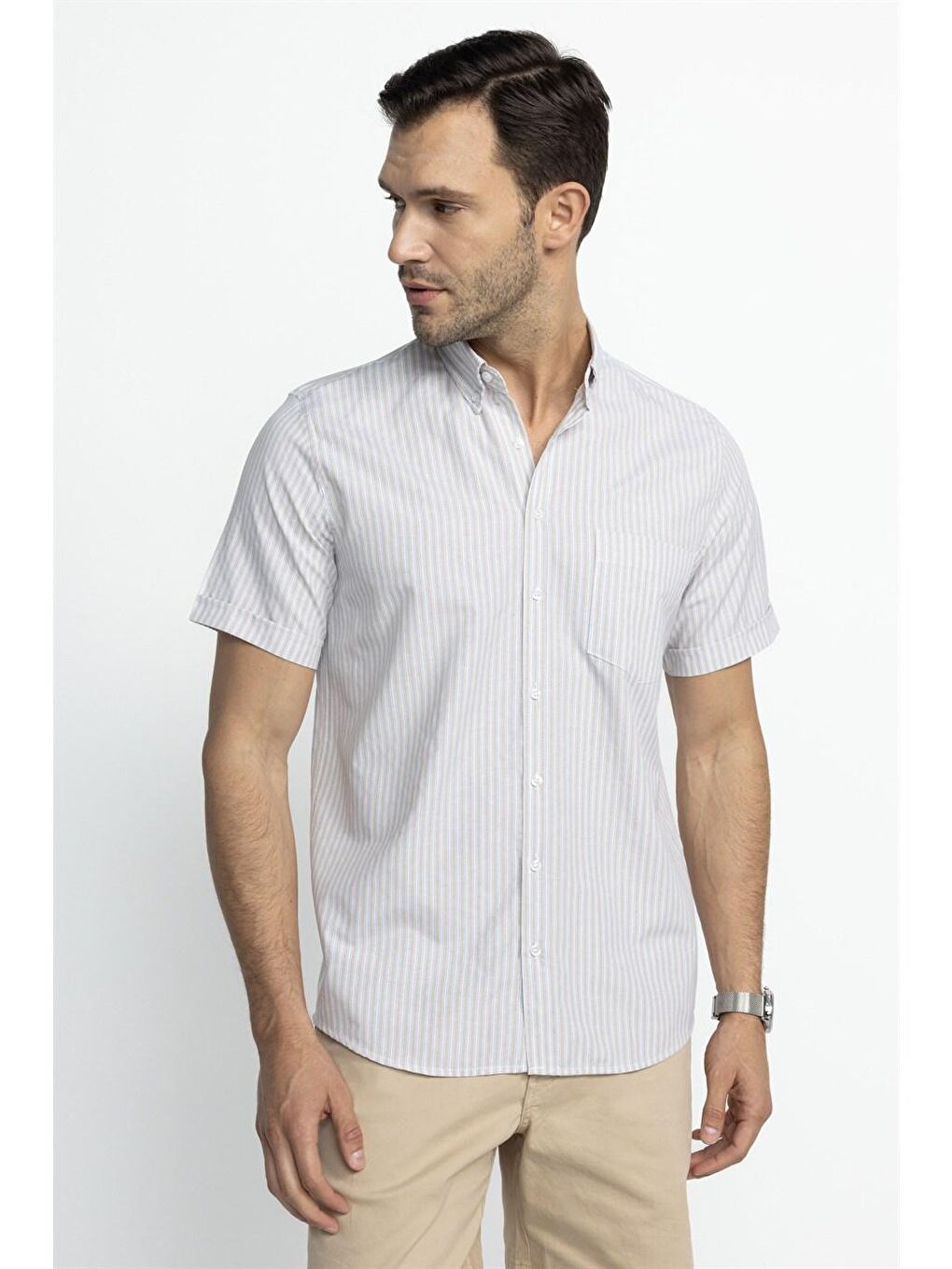 Klasik Fit Kısa Kol Çizgili Pamuklu Bej Gömlek