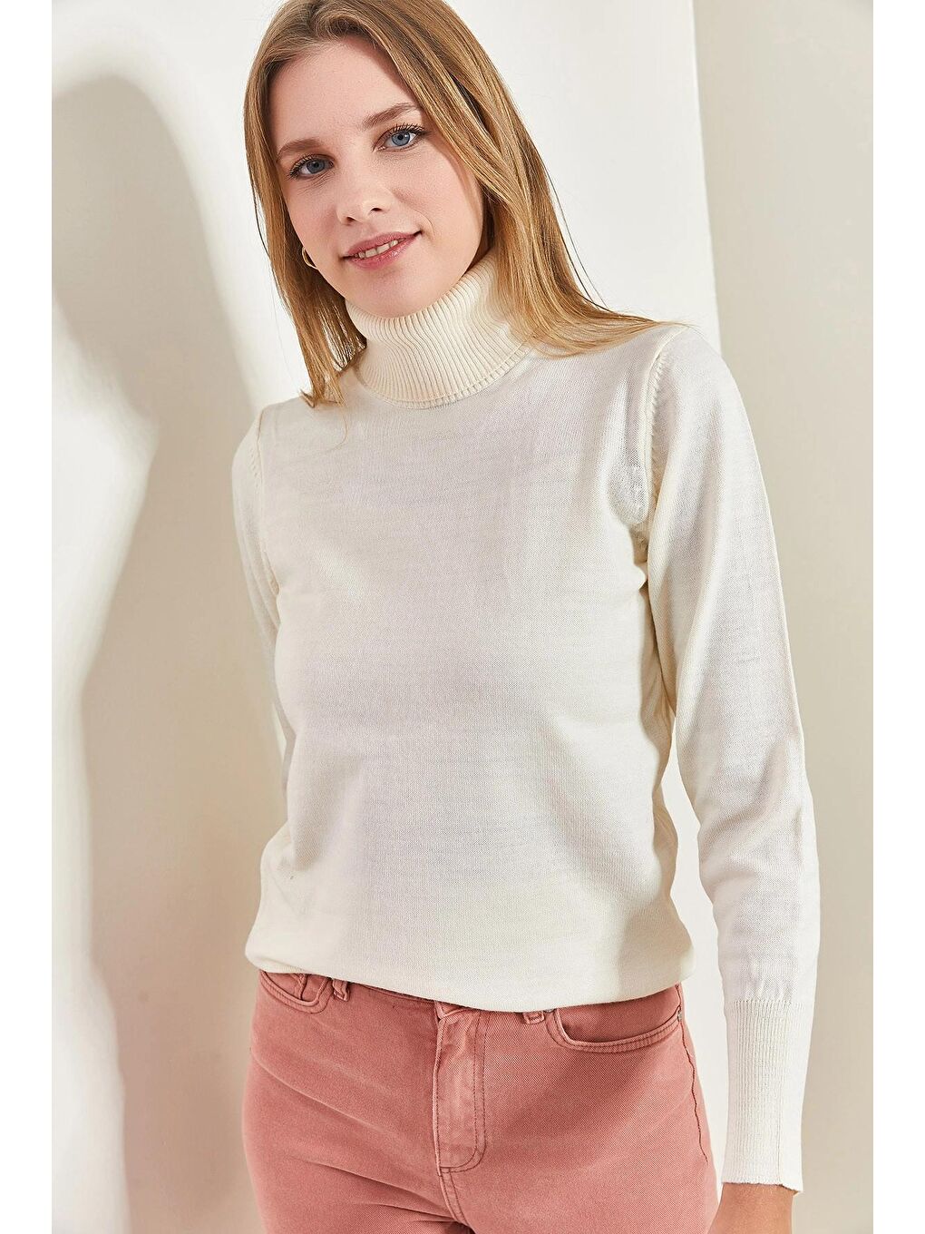 Ekru Kadın Balıkçı Yaka Fitilli Kazak-1