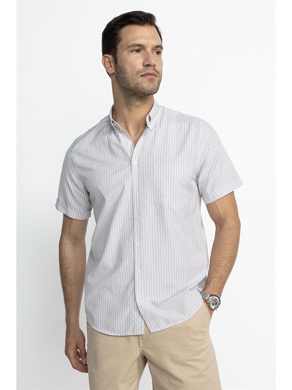Klasik Fit Kısa Kol Çizgili Pamuklu Bej Gömlek-1