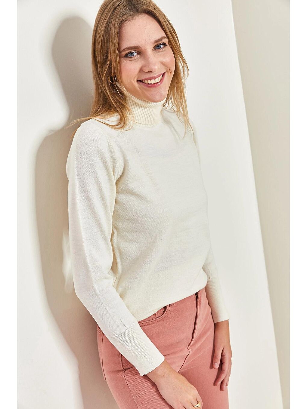 Ekru Kadın Balıkçı Yaka Fitilli Kazak-2