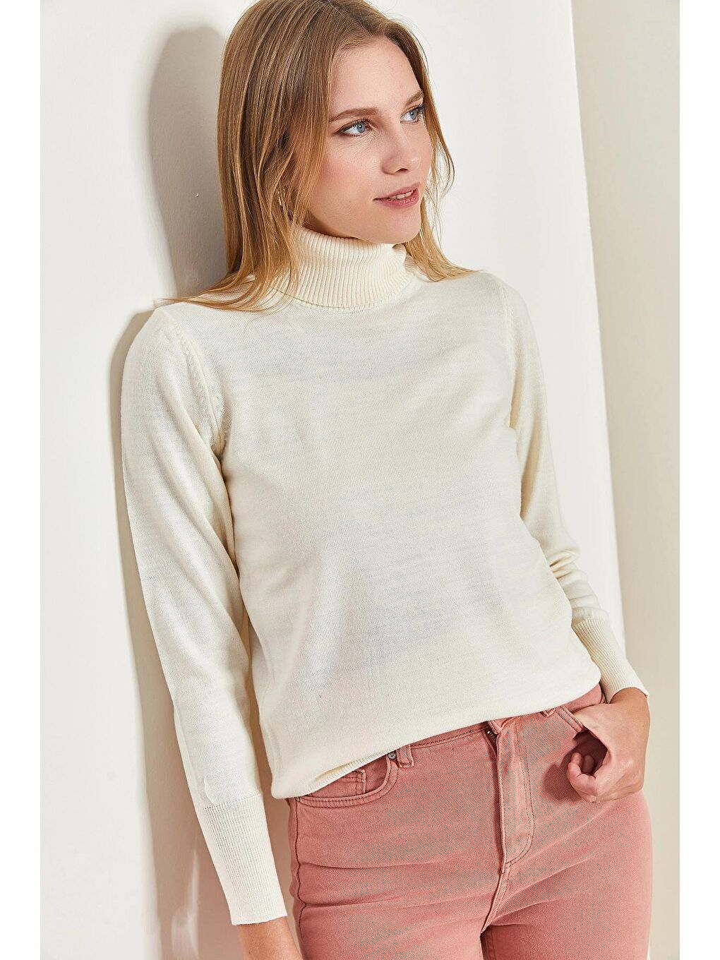 Ekru Kadın Balıkçı Yaka Fitilli Kazak-3