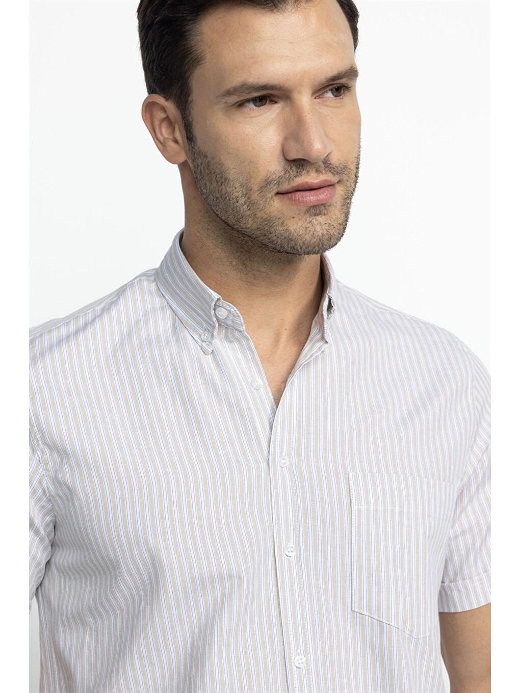 Klasik Fit Kısa Kol Çizgili Pamuklu Bej Gömlek-2