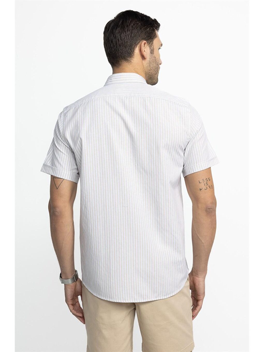 Klasik Fit Kısa Kol Çizgili Pamuklu Bej Gömlek-3