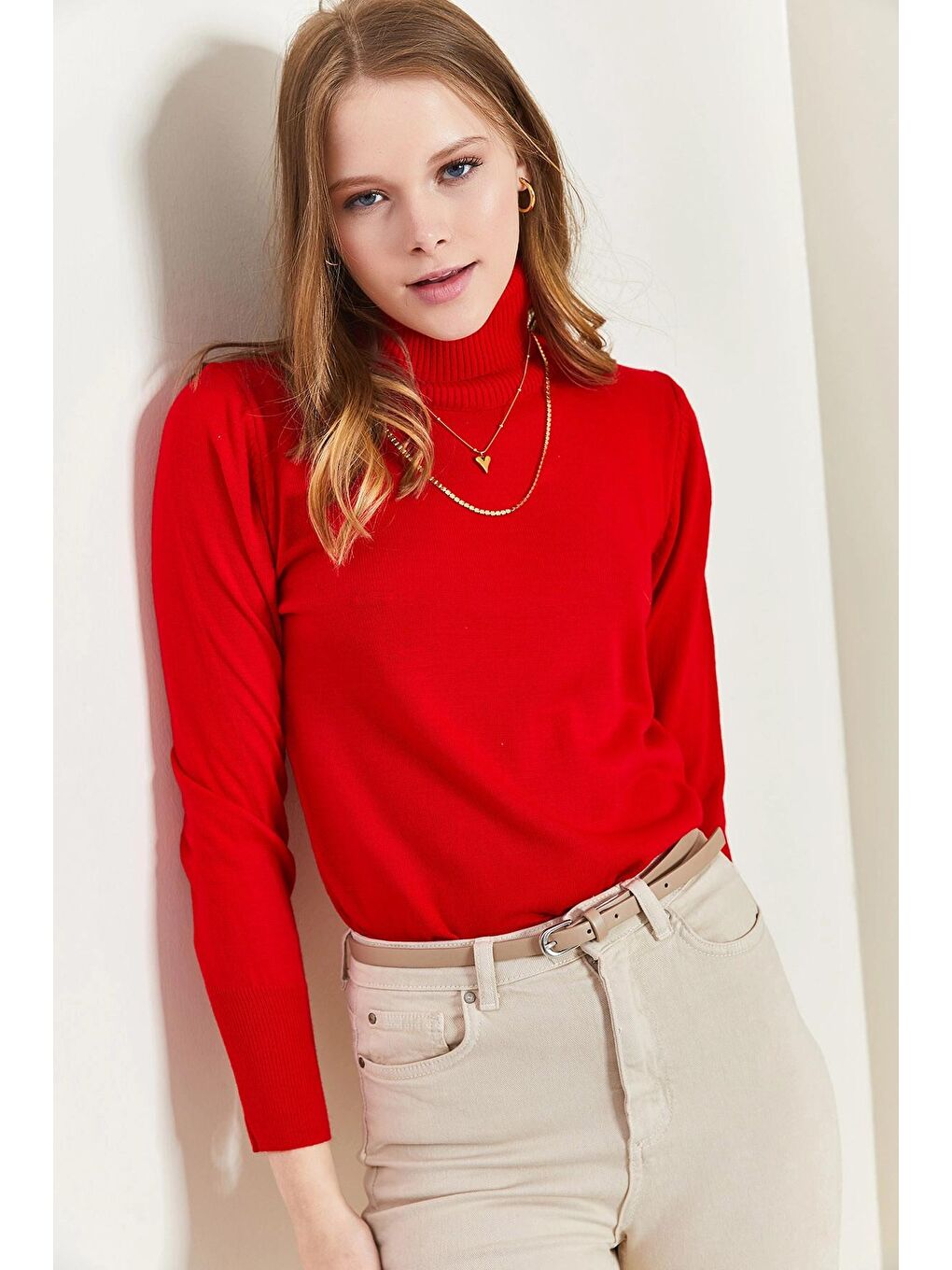 Kırmızı Kadın Balıkçı Yaka Fitilli Kazak