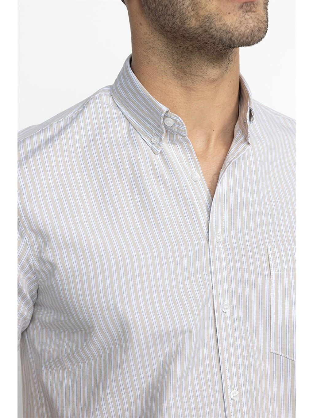 Klasik Fit Kısa Kol Çizgili Pamuklu Bej Gömlek-4