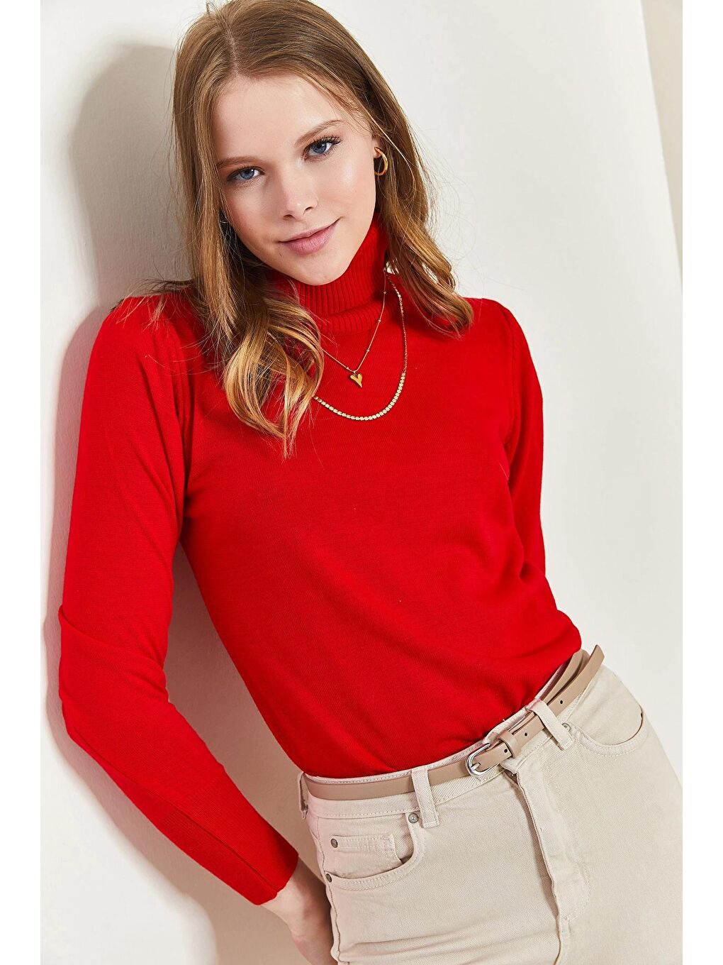 Kırmızı Kadın Balıkçı Yaka Fitilli Kazak-1