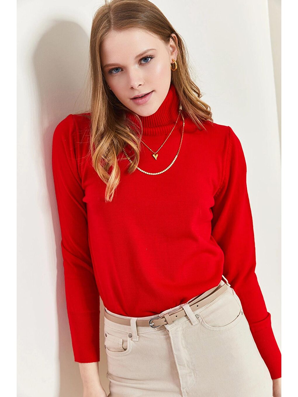 Kırmızı Kadın Balıkçı Yaka Fitilli Kazak-2