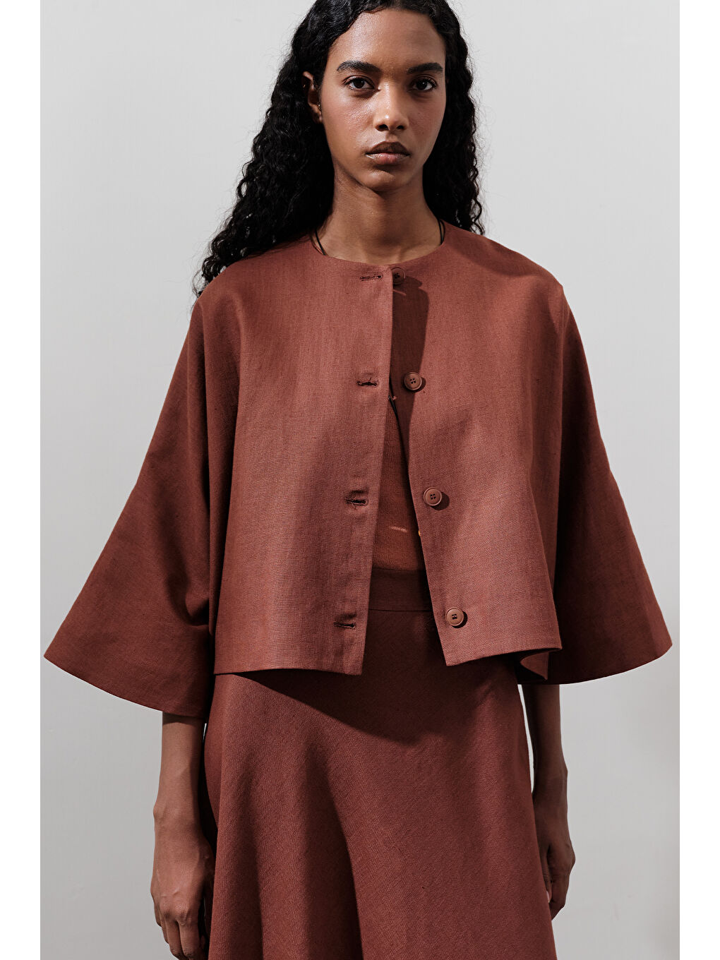 Turuncu Keten Geniş Kollu Kısa Ceket Bakır