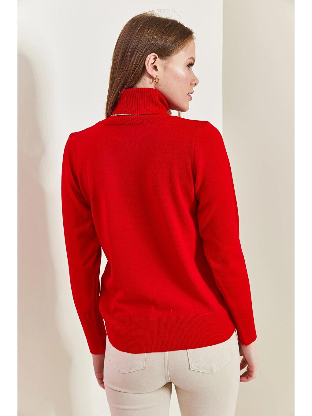 Kırmızı Kadın Balıkçı Yaka Fitilli Kazak-3