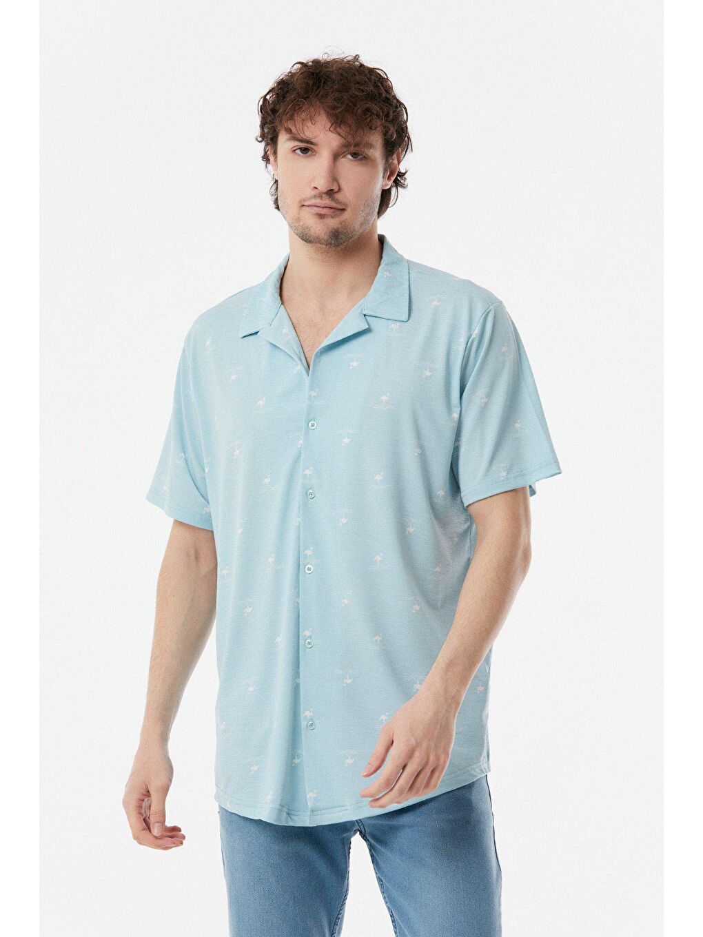 Mavi Flamingo Baskılı Salaş Gömlek