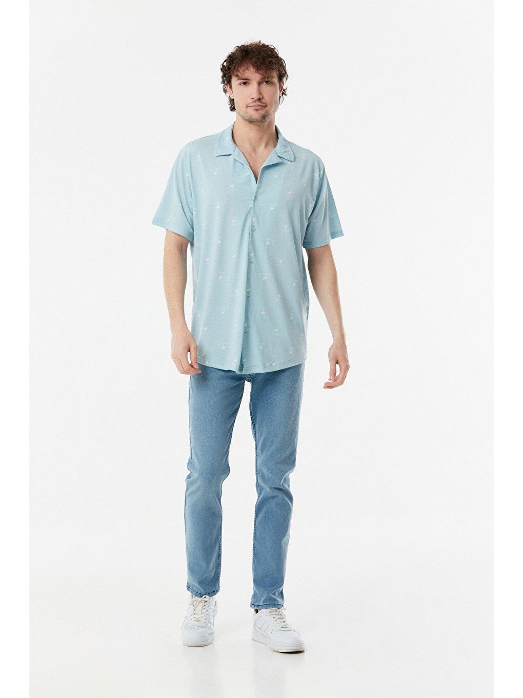 Mavi Flamingo Baskılı Salaş Gömlek-1