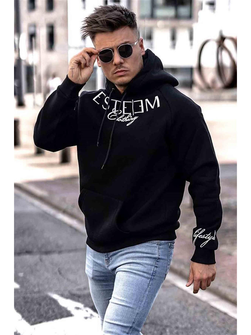 Baskılı Siyah Kapüşonlu Sweatshirt 4402