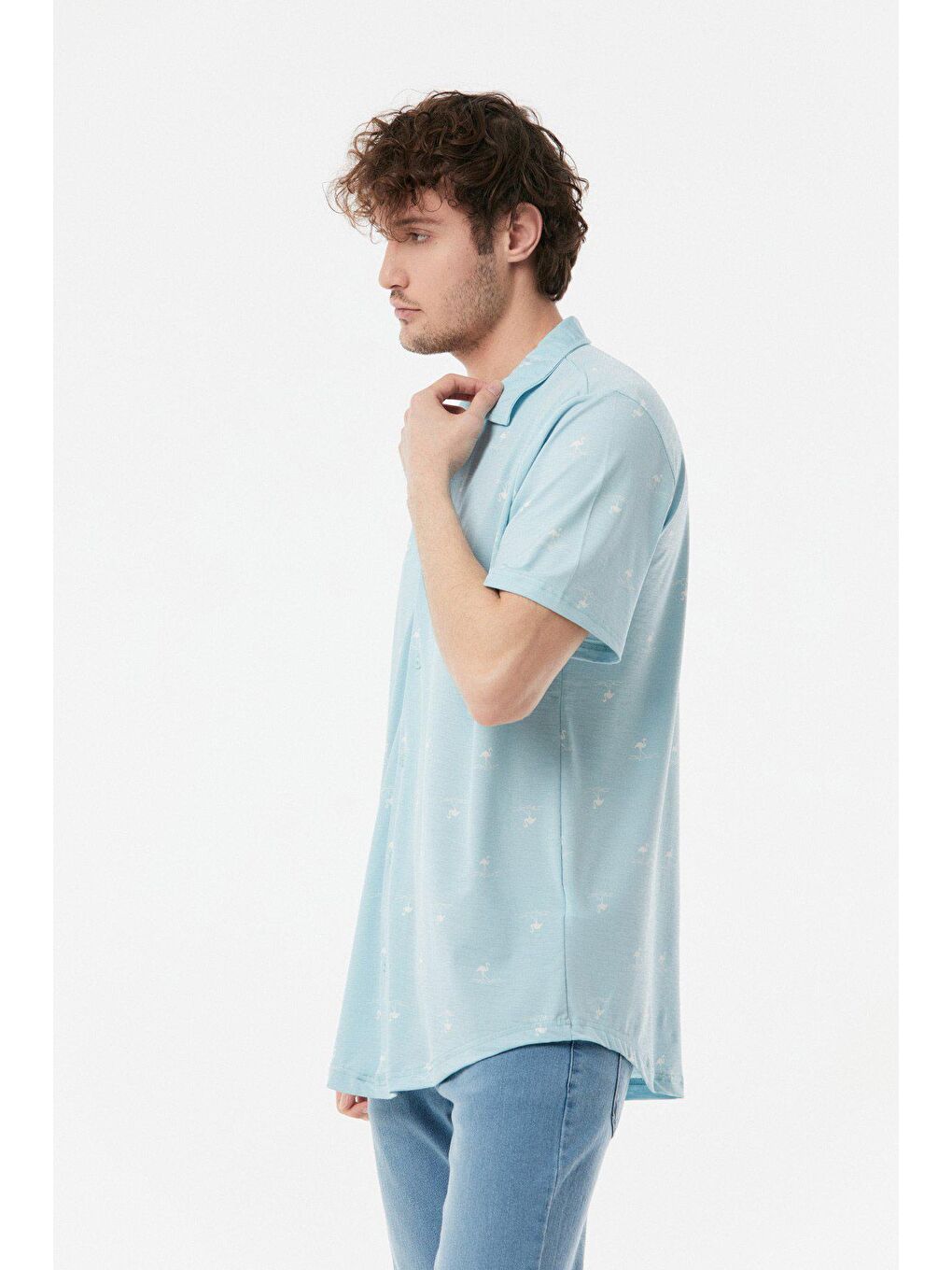 Mavi Flamingo Baskılı Salaş Gömlek-2