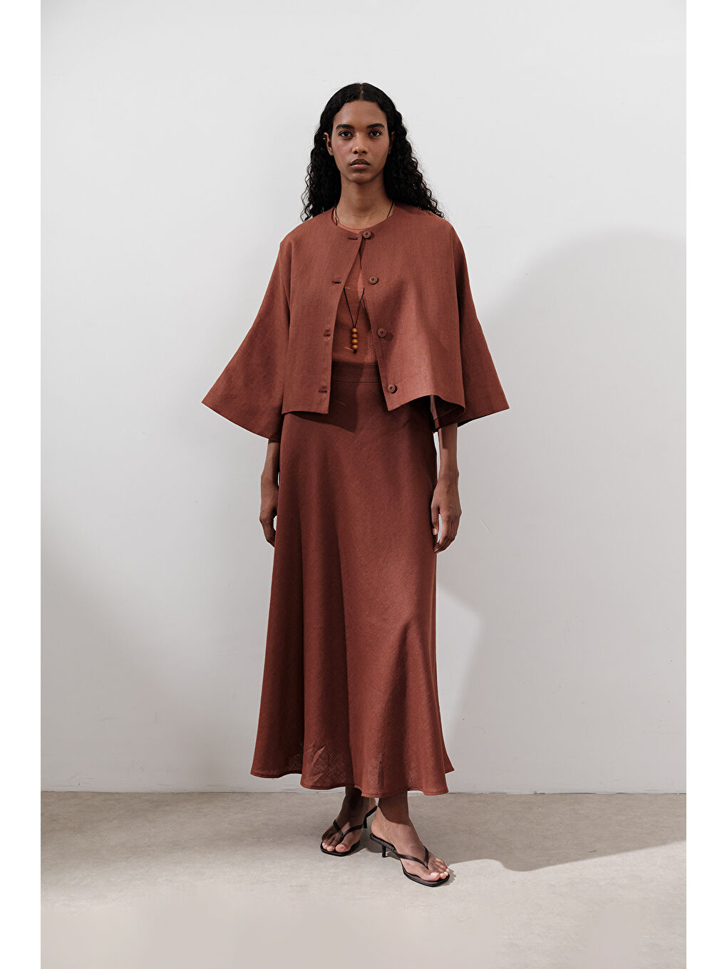 Turuncu Keten Geniş Kollu Kısa Ceket Bakır-2