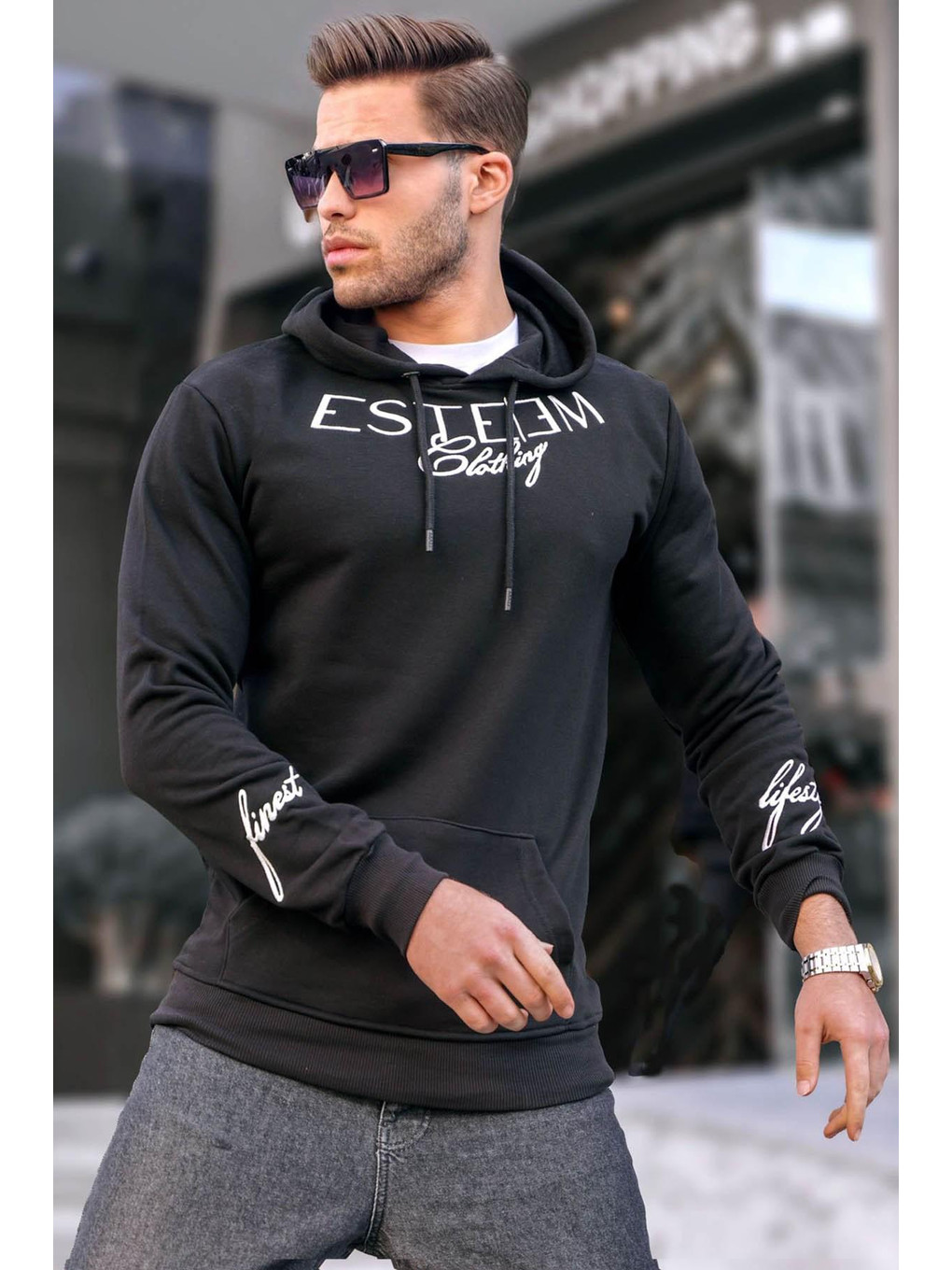 Baskılı Siyah Kapüşonlu Sweatshirt 4402-1