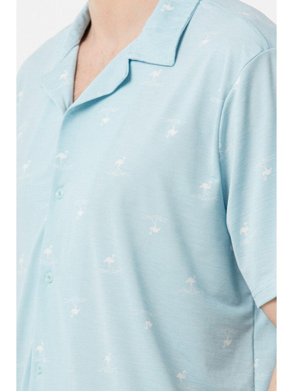 Mavi Flamingo Baskılı Salaş Gömlek-3
