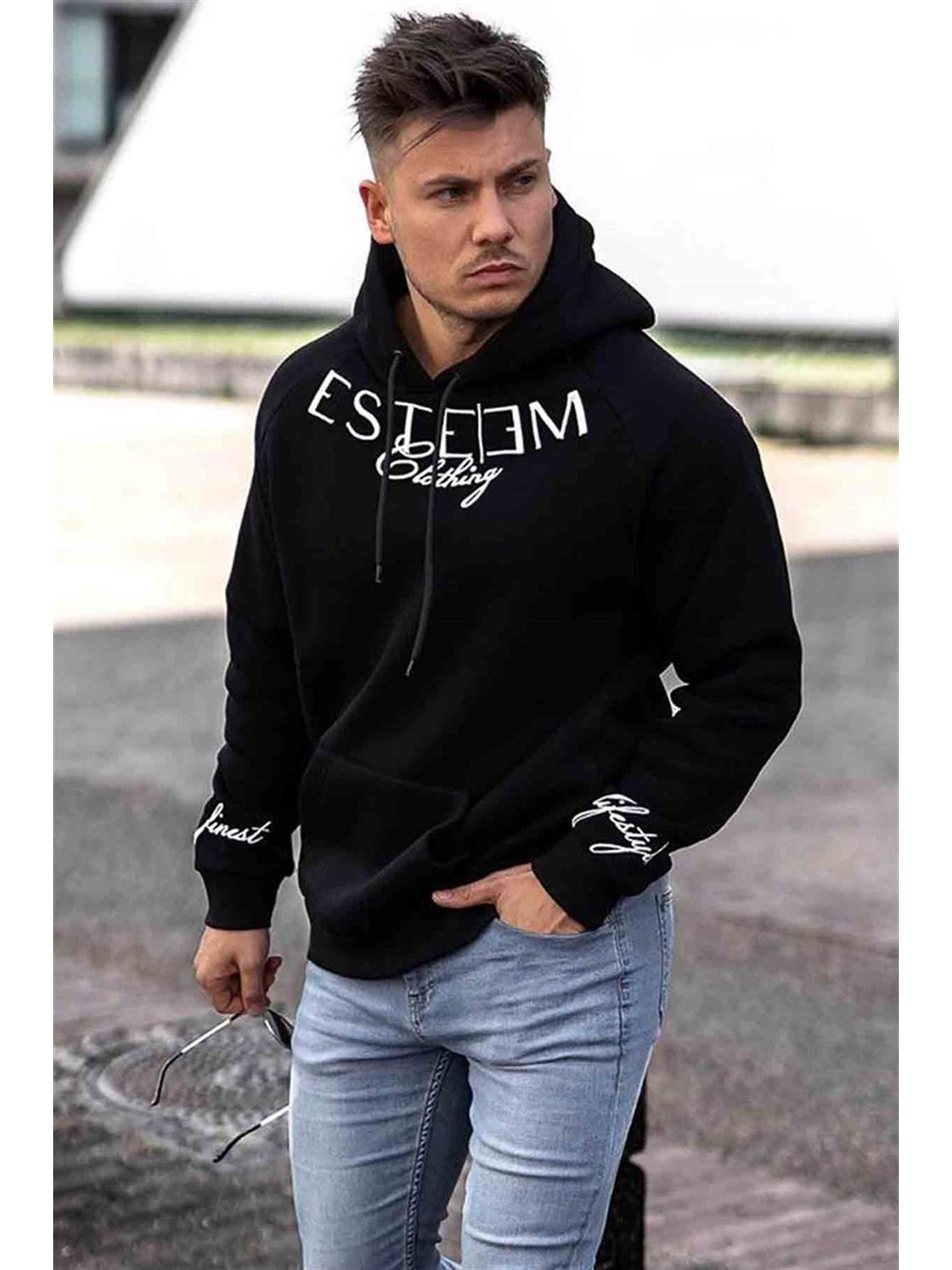Baskılı Siyah Kapüşonlu Sweatshirt 4402-2
