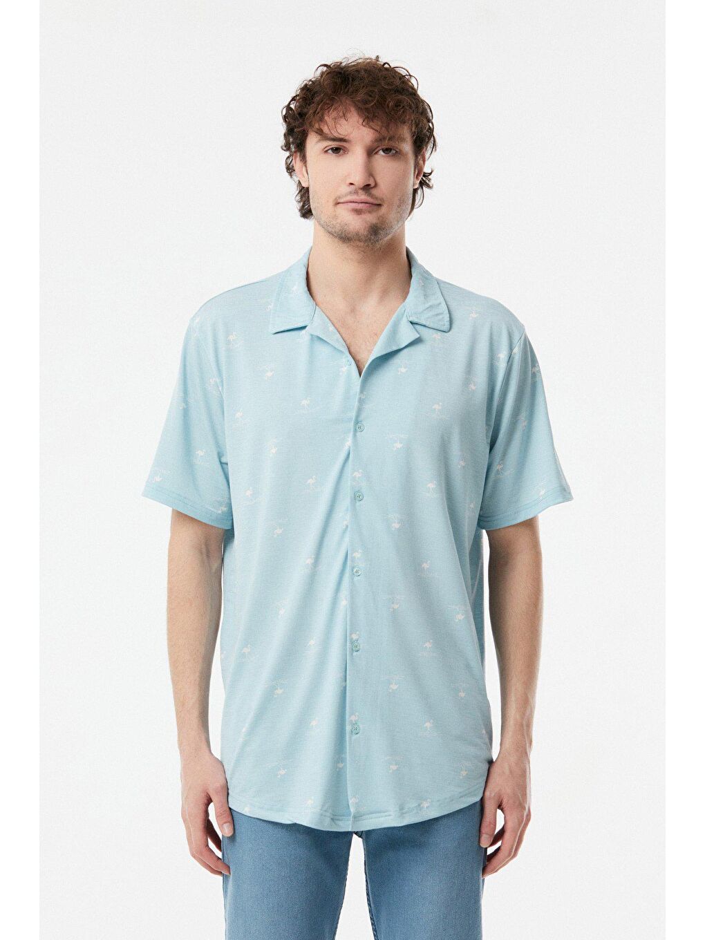 Mavi Flamingo Baskılı Salaş Gömlek-4