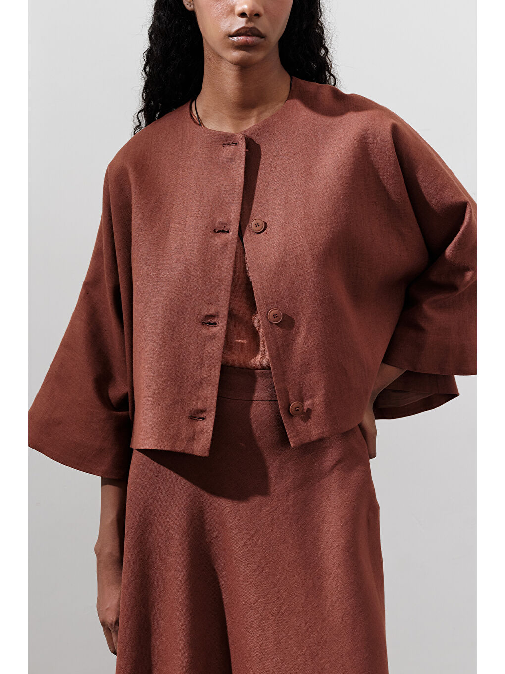 Turuncu Keten Geniş Kollu Kısa Ceket Bakır-3