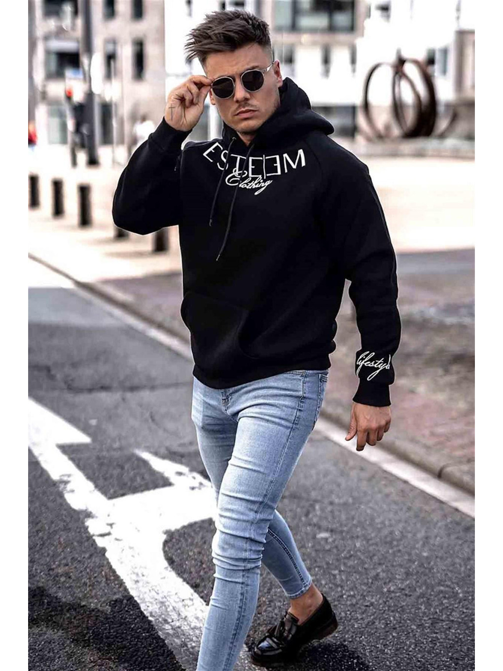 Baskılı Siyah Kapüşonlu Sweatshirt 4402-3