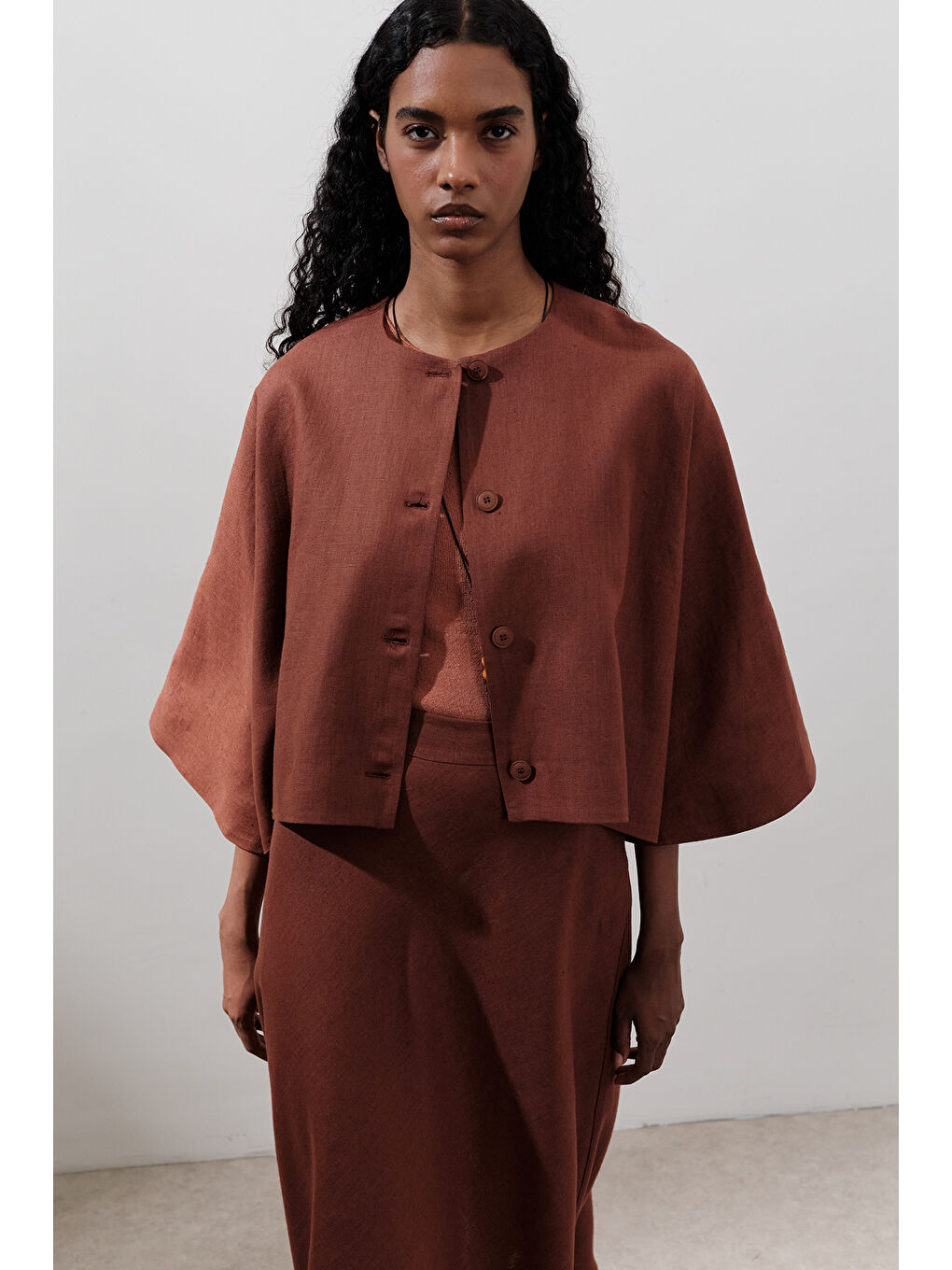 Turuncu Keten Geniş Kollu Kısa Ceket Bakır-4