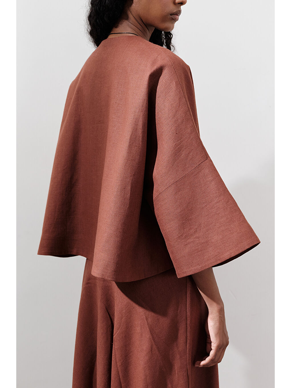 Turuncu Keten Geniş Kollu Kısa Ceket Bakır-5