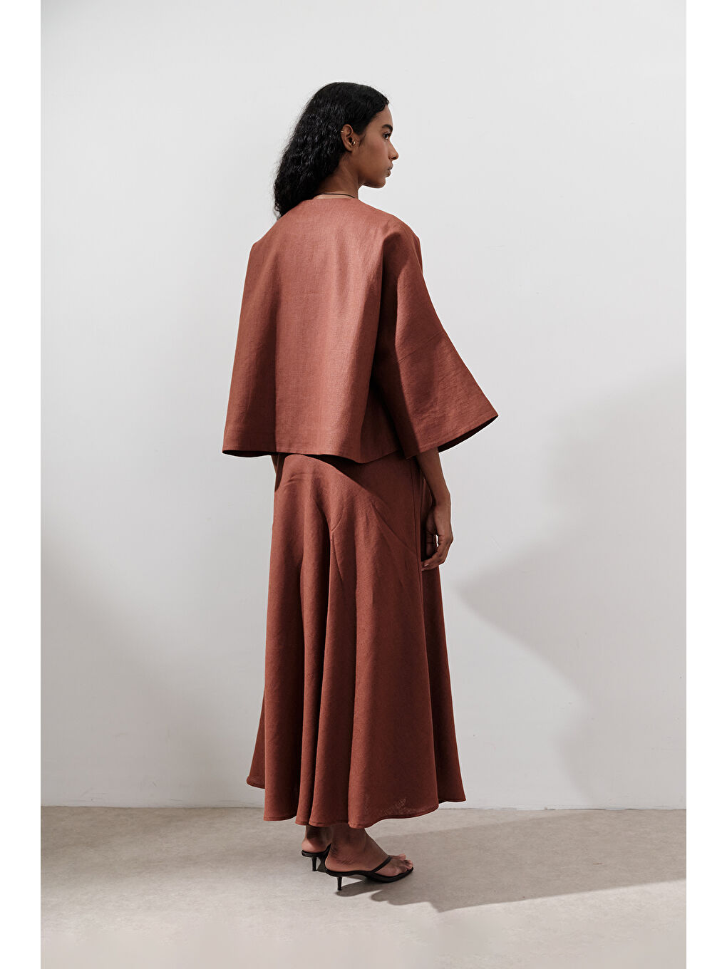 Turuncu Keten Geniş Kollu Kısa Ceket Bakır-6