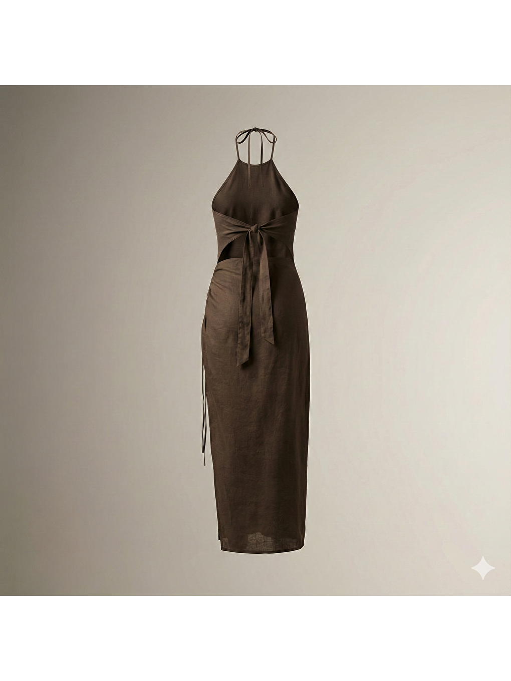 Kahverengi Abrossa Boyundan Bağcıklı Asimetrik Kahve Keten Elbise-1