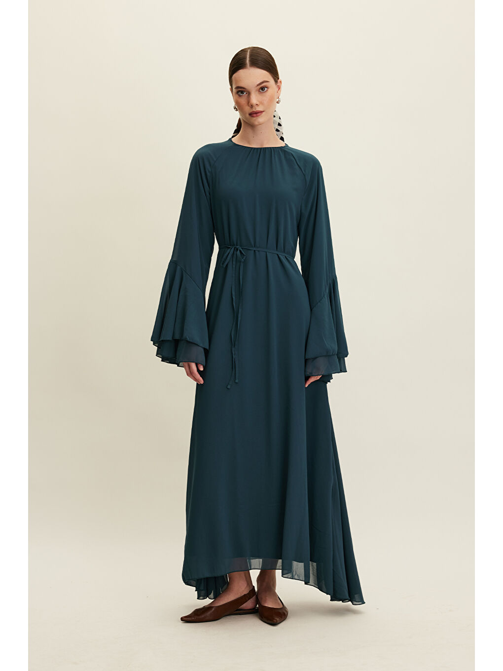 Şifon Volanlı Elbise Petrol