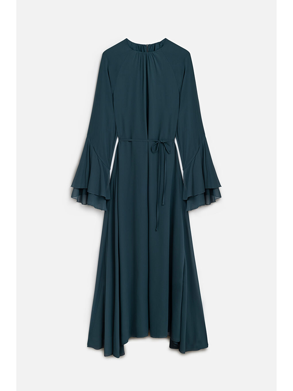 Şifon Volanlı Elbise Petrol-1