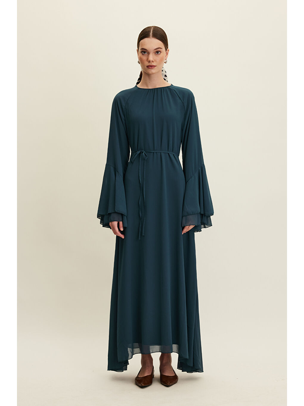 Şifon Volanlı Elbise Petrol-2