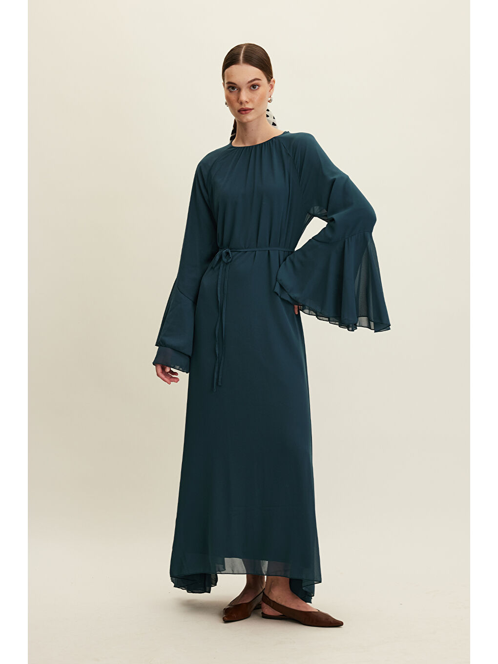 Şifon Volanlı Elbise Petrol-3