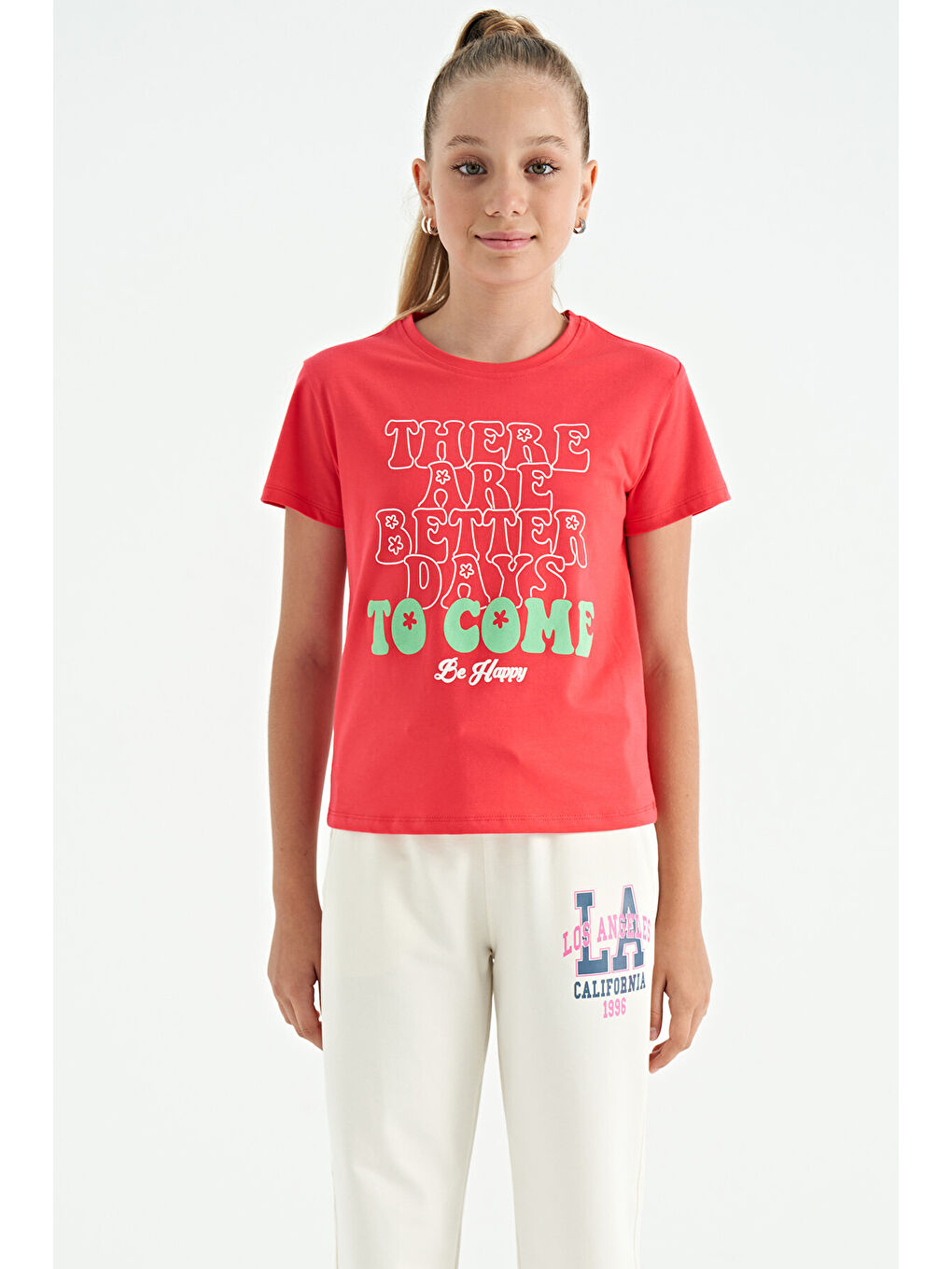 Pembe Rose O Yaka Yazı Baskılı Rahat Form Kısa Kollu Cropped Kız Çocuk Tişört - 75118