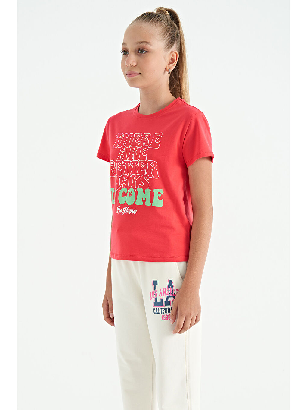 Pembe Rose O Yaka Yazı Baskılı Rahat Form Kısa Kollu Cropped Kız Çocuk Tişört - 75118-2