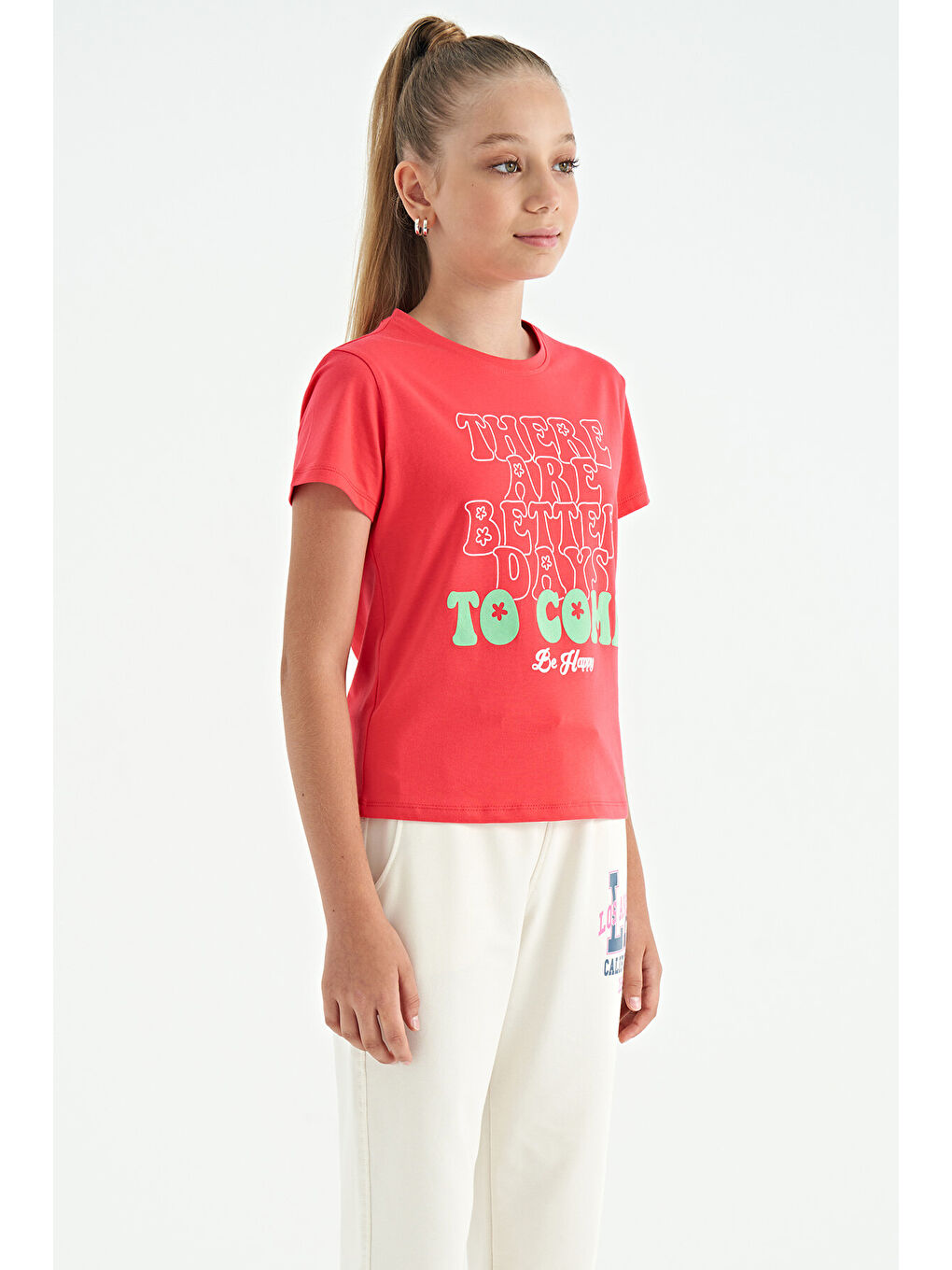 Pembe Rose O Yaka Yazı Baskılı Rahat Form Kısa Kollu Cropped Kız Çocuk Tişört - 75118-4