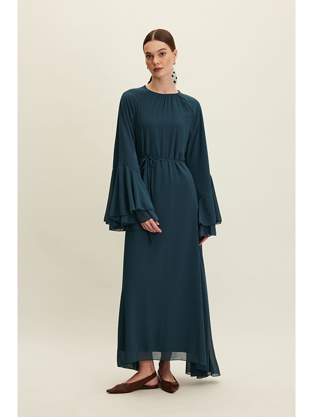 Şifon Volanlı Elbise Petrol-4